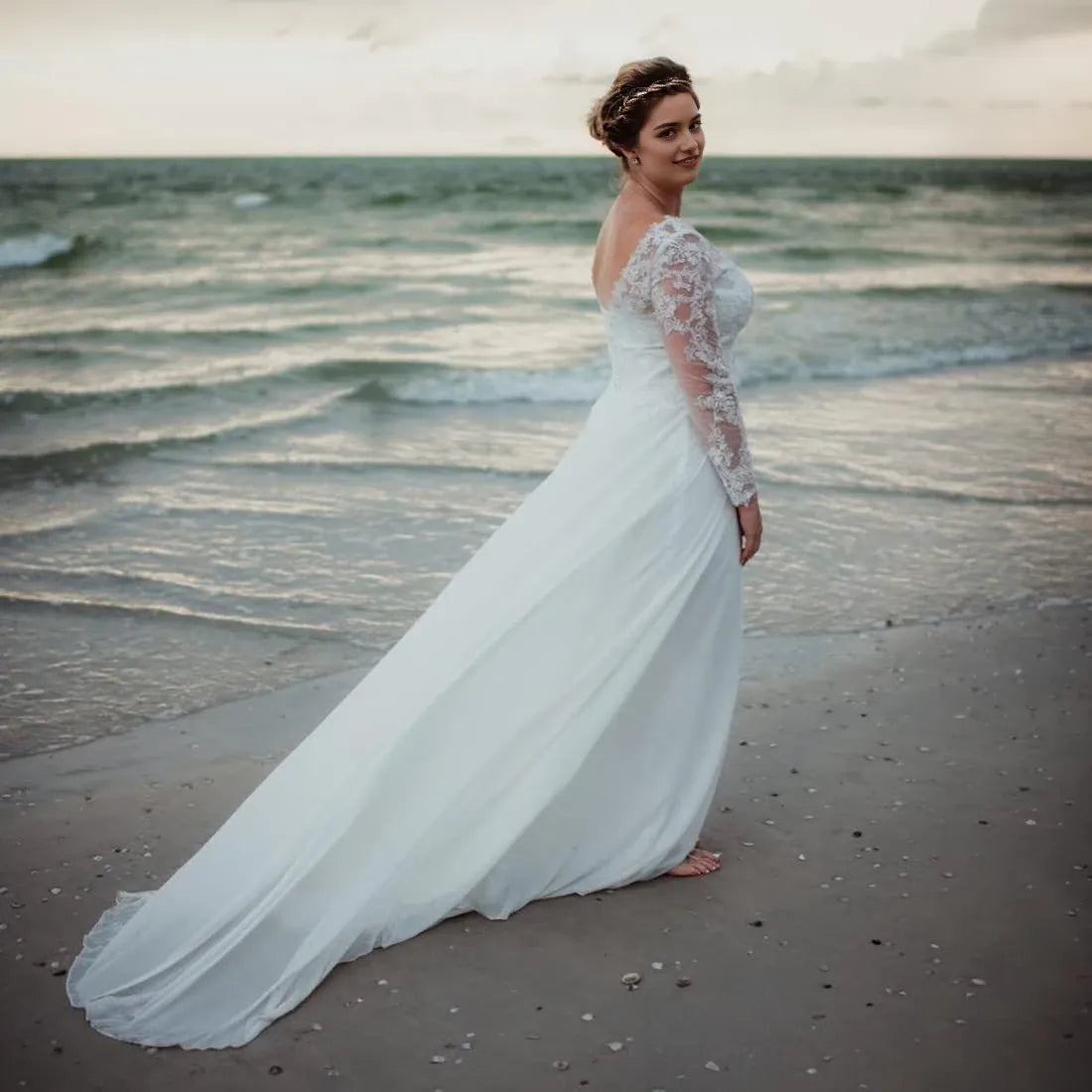 Elegant A-Line Deep V-Neck Long Sleeve Lace-Up Back Floor-Length Wedding Dress