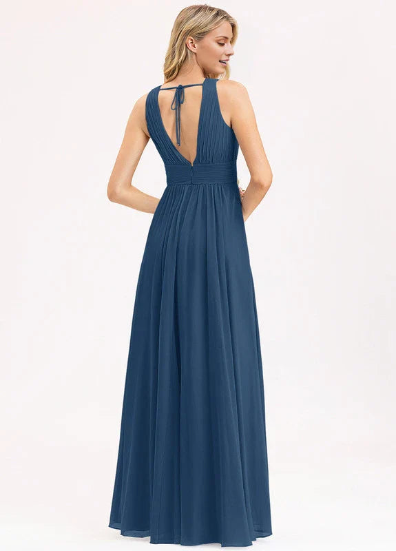 Elegant A-Line Deep V-Neck Ruched Chiffon Maxi Evening Dress with Pockets