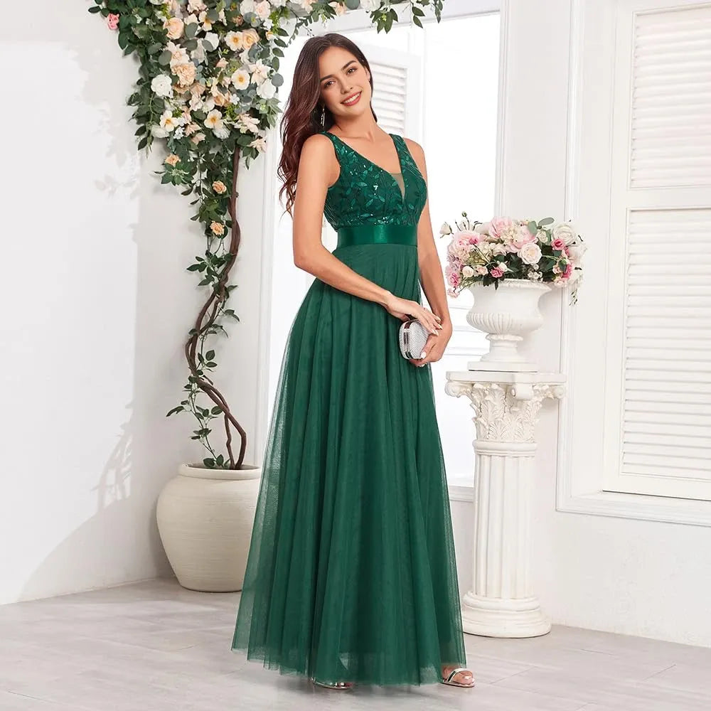 Elegant A-Line Deep V-Neck Sleeveless Sequin-Embellished Waist-Defined Maxi Evening Dress