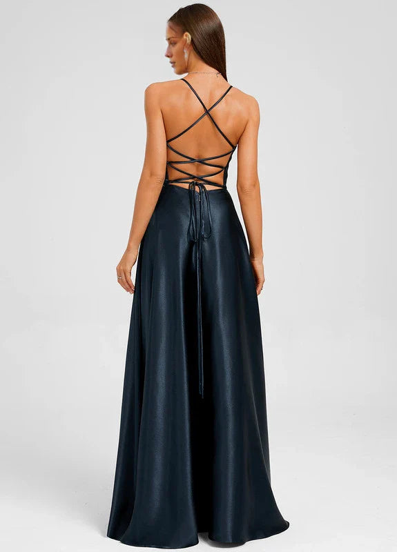 Elegant A-Line Deep V-Neck Spaghetti Strap Crisscross Back High-Slit Satin Maxi Evening Dress