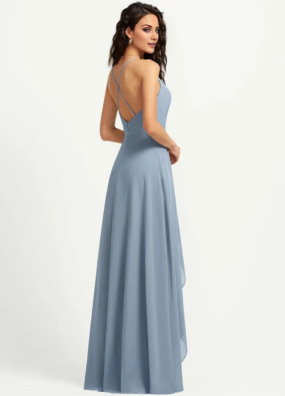 Elegant A-Line Deep V-Neck Spaghetti Strap Crisscross Back Ruffle High-Slit Maxi Evening Dress