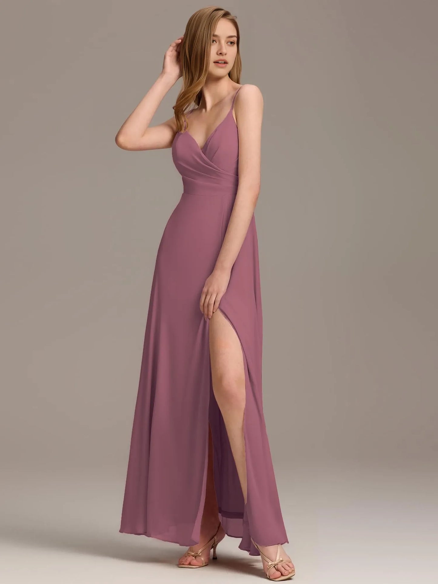 Elegant A-Line Deep V-Neck Spaghetti Strap Open Back Maxi Evening Dress