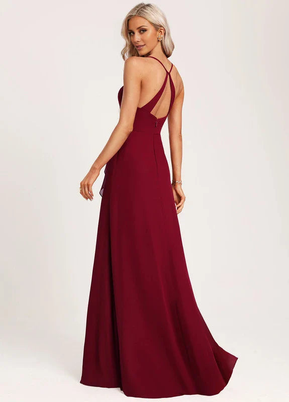Elegant A-Line Deep V-Neck Spaghetti Strap Ruffle High-Slit Chiffon Maxi Evening Dress with Crisscross Back