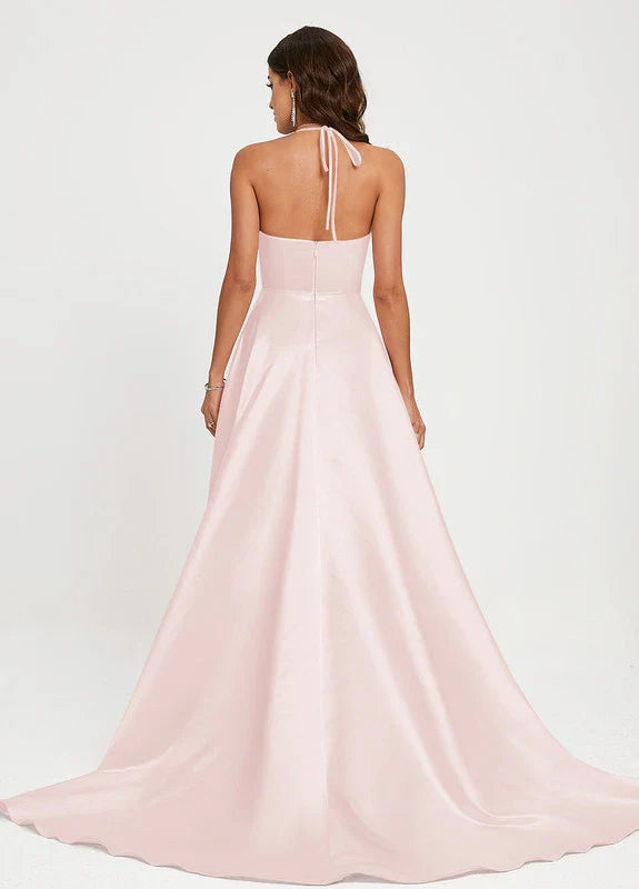 Elegant A-Line Halter Neck Satin High-Slit Train Maxi Evening Dress