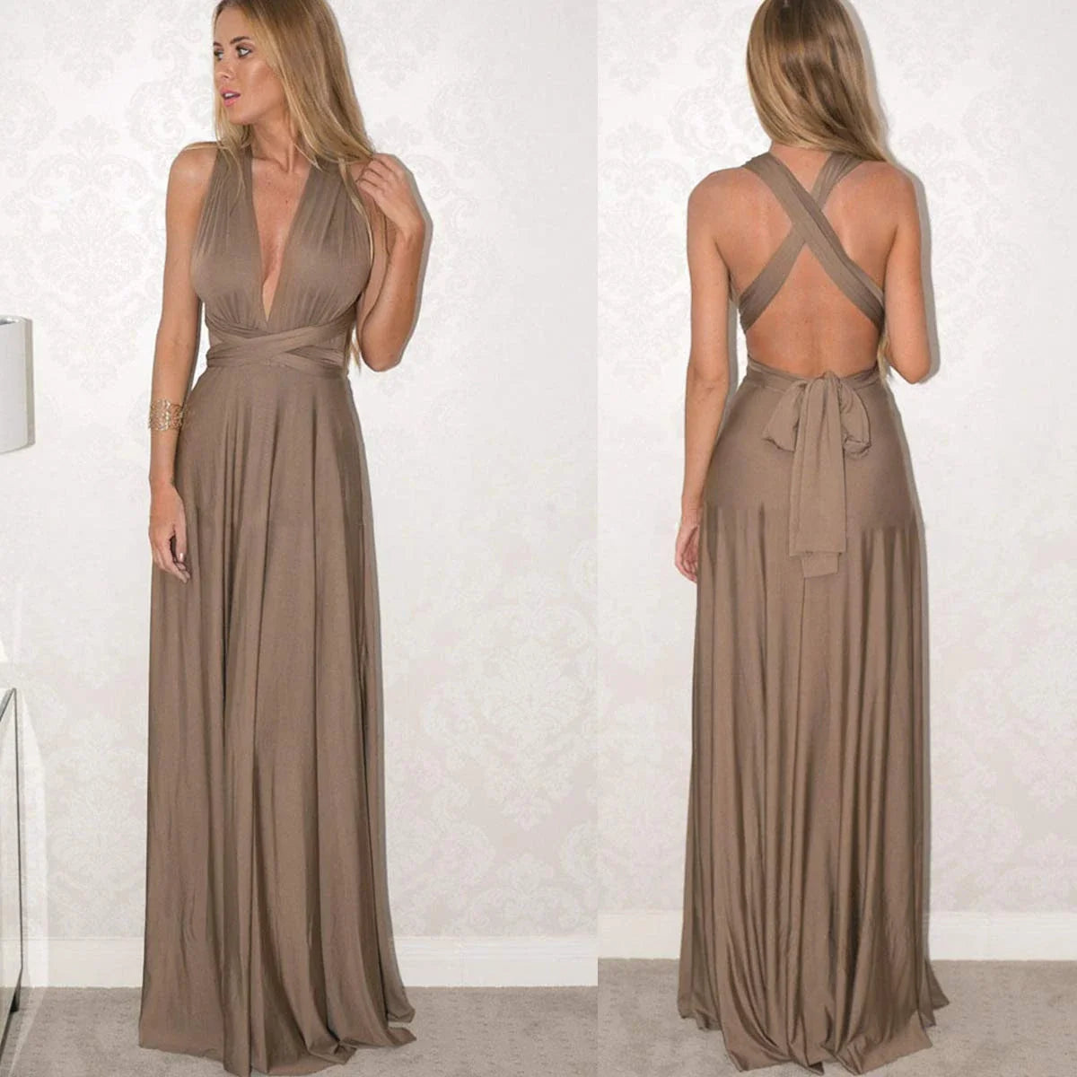 Elegant A-Line Halter-Neck Sleeveless Crisscross-Back Tie-Waist Maxi Evening Dress