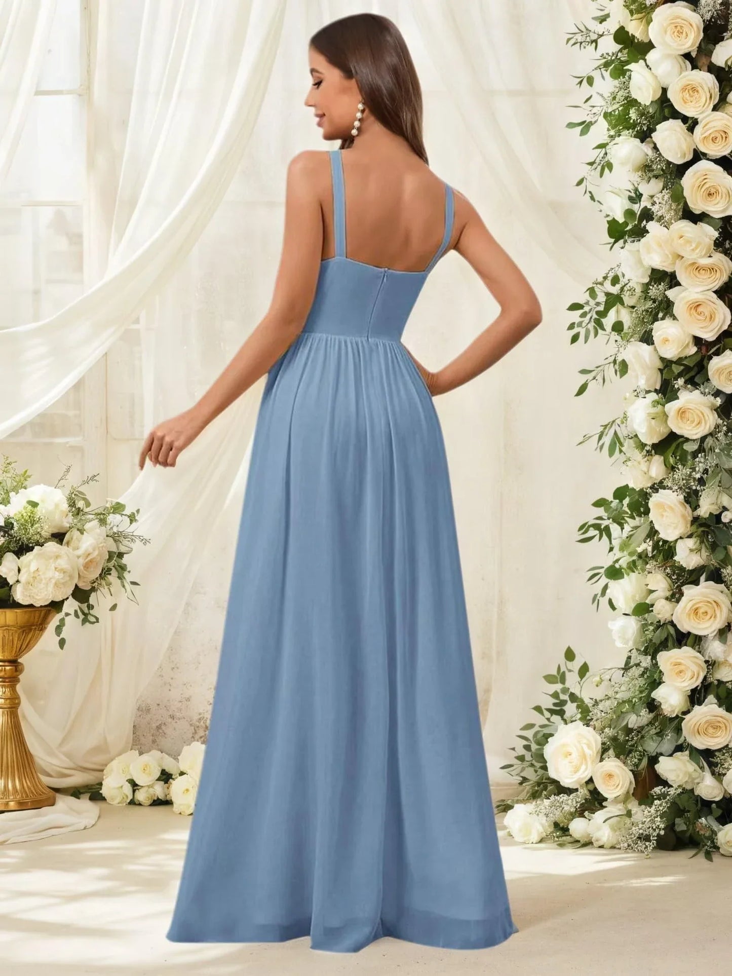 Elegant A-Line Halter Neck Sleeveless Zip-Back High-Slit Maxi Evening Dress