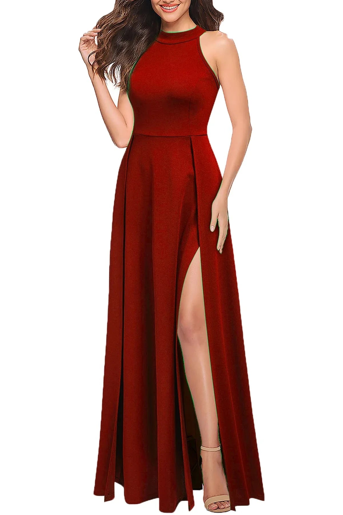 Elegant A-Line High Neck Sleeveless Zip Back Side-Slit Maxi Evening Dress
