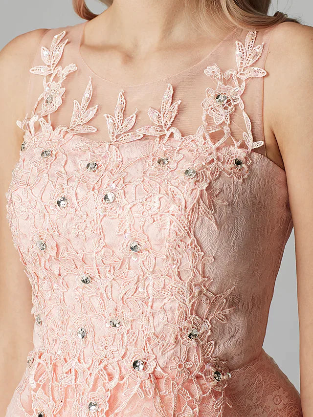 Side profile of the short pink A-line mini dress, highlighting its length.