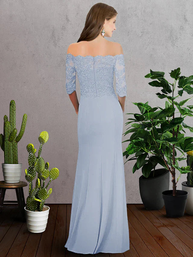 Back view of the A-line chiffon bridesmaid dress, showcasing its floor-length design and delicate lace details.