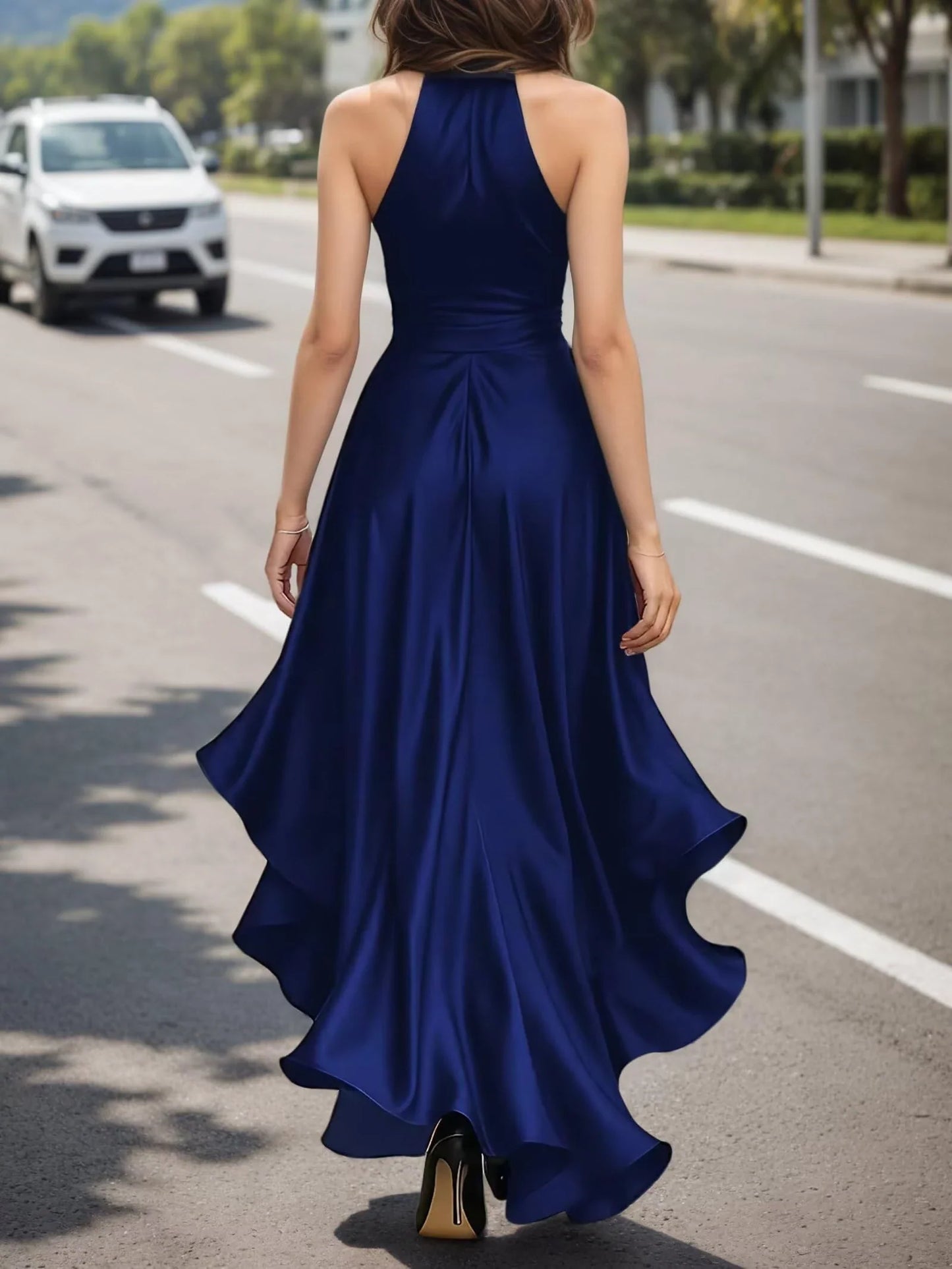 Gorgeous Halter Neck Sleeveless Tie Back High Low Evening Dress