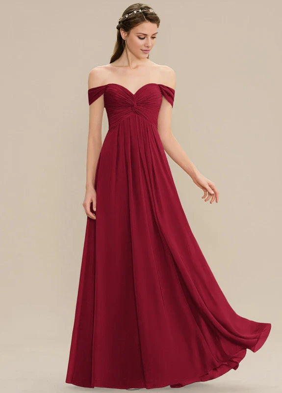 Elegant A-Line Off-Shoulder Sweetheart Neck Ruched Chiffon Maxi Evening Dress