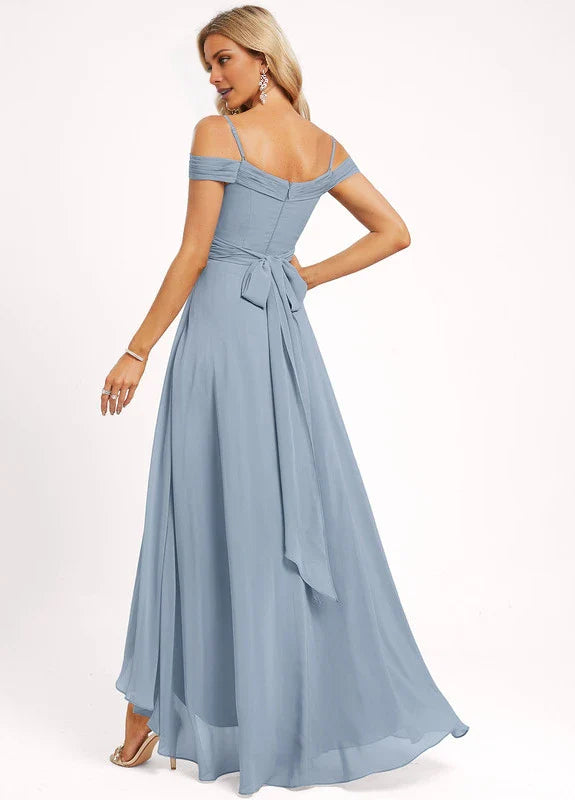 Elegant A-Line Off-Shoulder Sweetheart Neck Tie-Back High-Low Chiffon Maxi Evening Dress