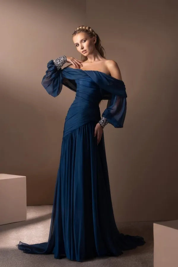 Elegant A-Line Off-The-Shoulder Long-Sleeve Open-Back Beaded Maxi Evening Dress