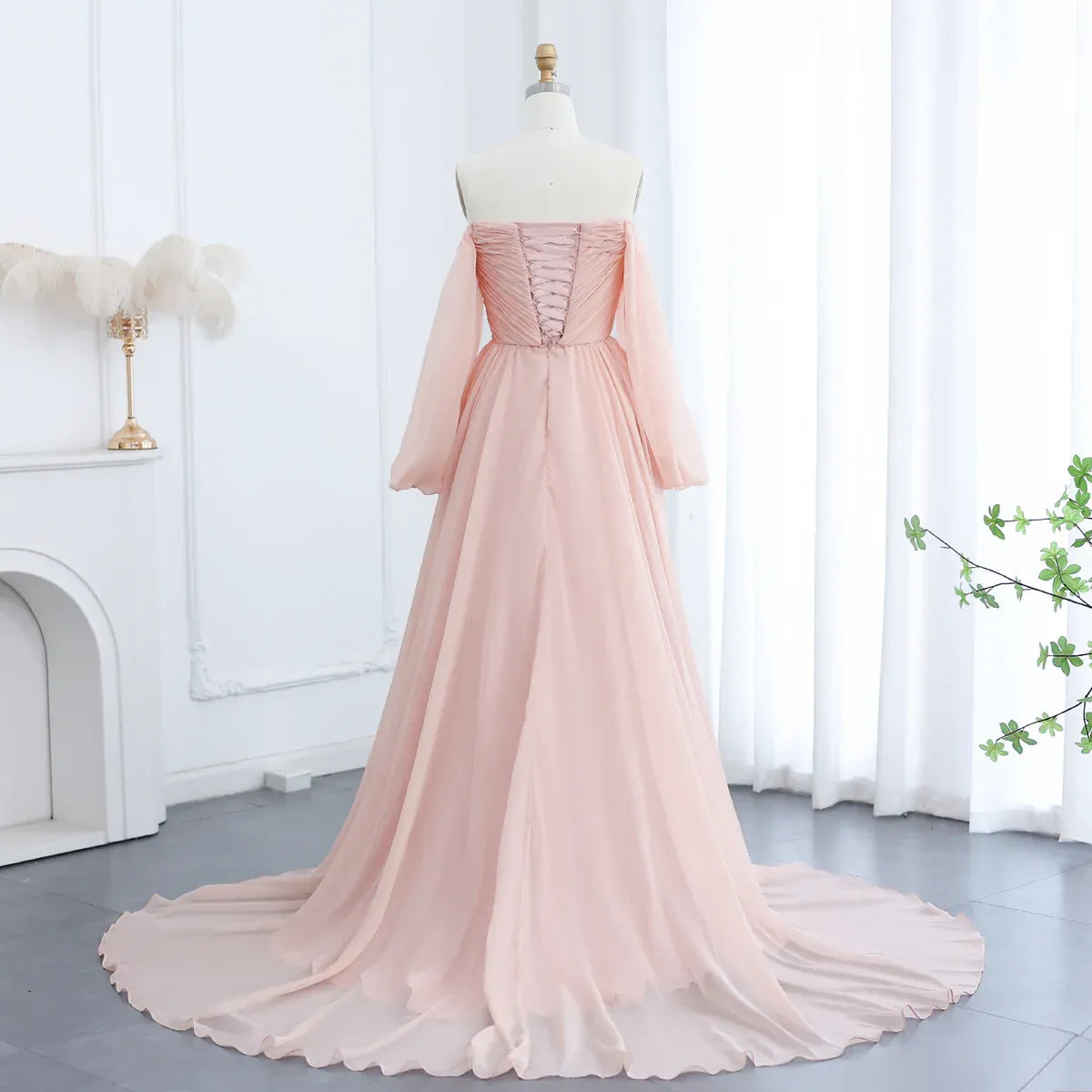 Elegant A-Line Off-The-Shoulder Puff Sleeve Chiffon Wedding Dress With Train