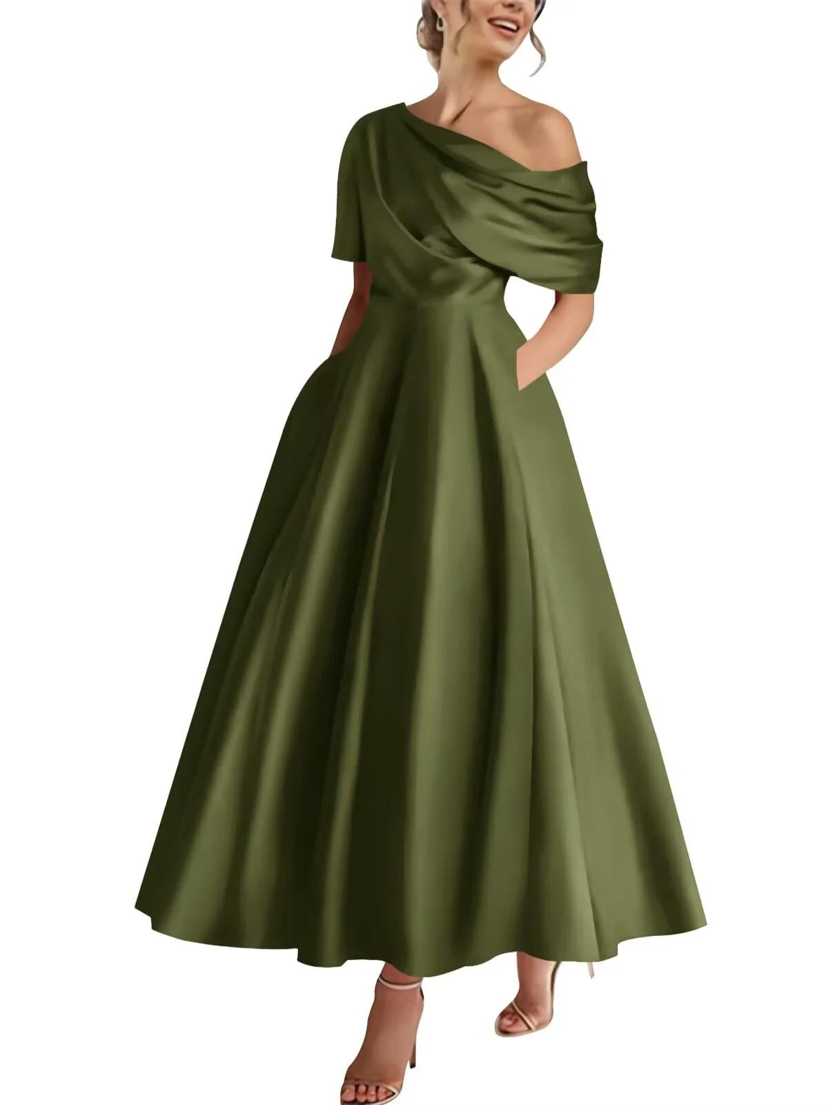 Elegant A-Line One-Shoulder Short Sleeve Draped Back Midi-Length Evening Dress