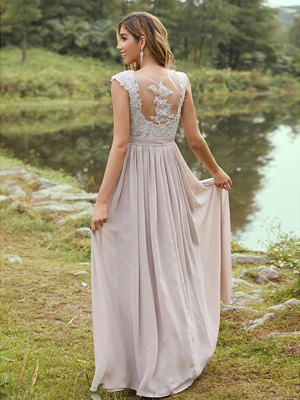 Close-up of the A-line chiffon bridesmaid dress, showing applique details and fabric texture.