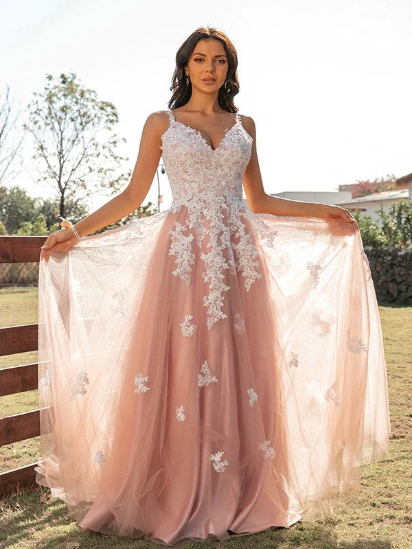 Floor-length Princess Prom Dress featuring V-neck and delicate appliques, back view.