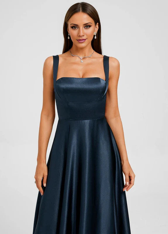 Elegant A-Line Square Neck High-Slit Satin Maxi Evening Dress with Bow-Back
