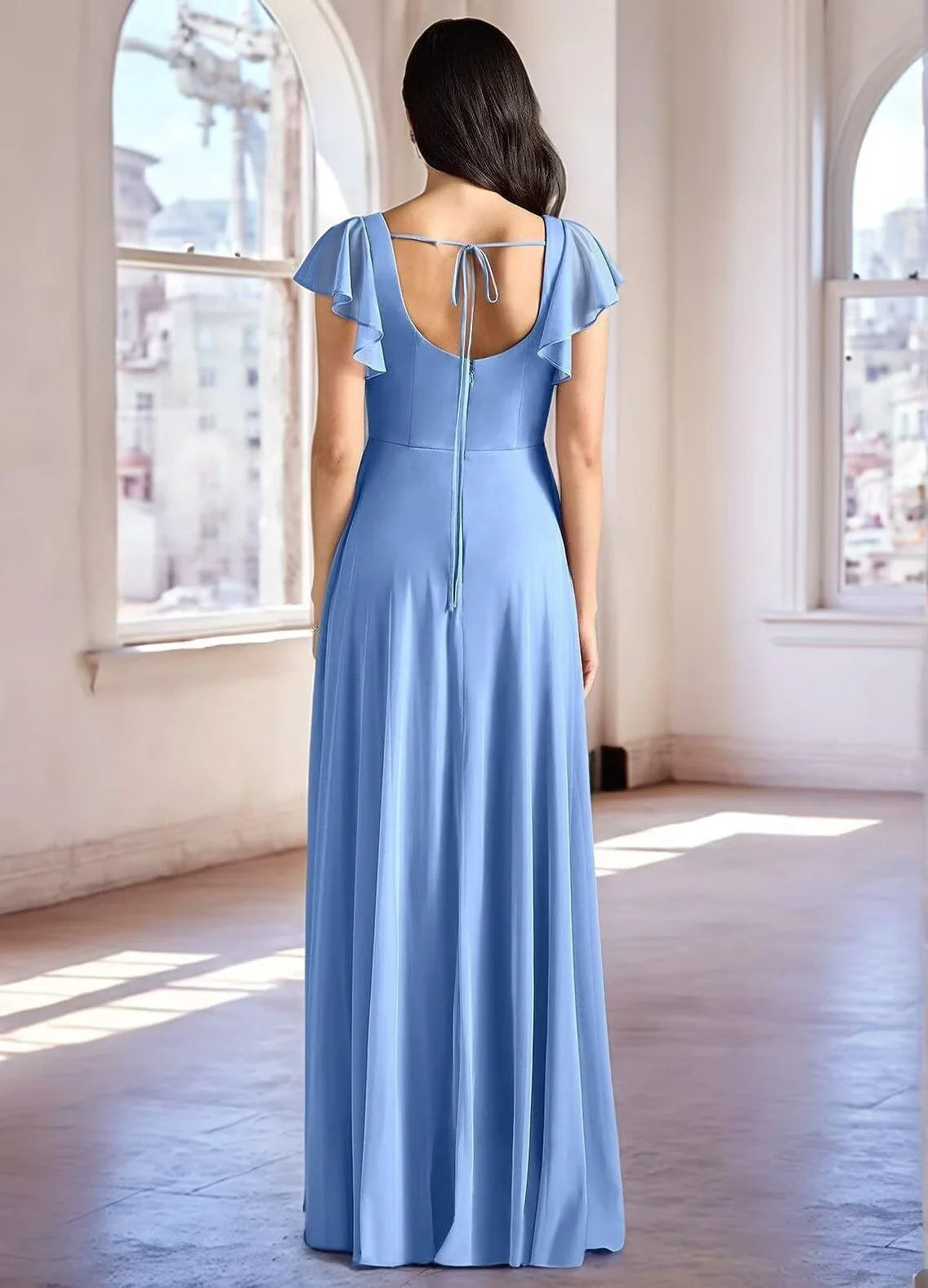 Elegant A-Line Square-Neck Ruffle-Sleeve Tie-Back High-Slit Maxi Evening Dress