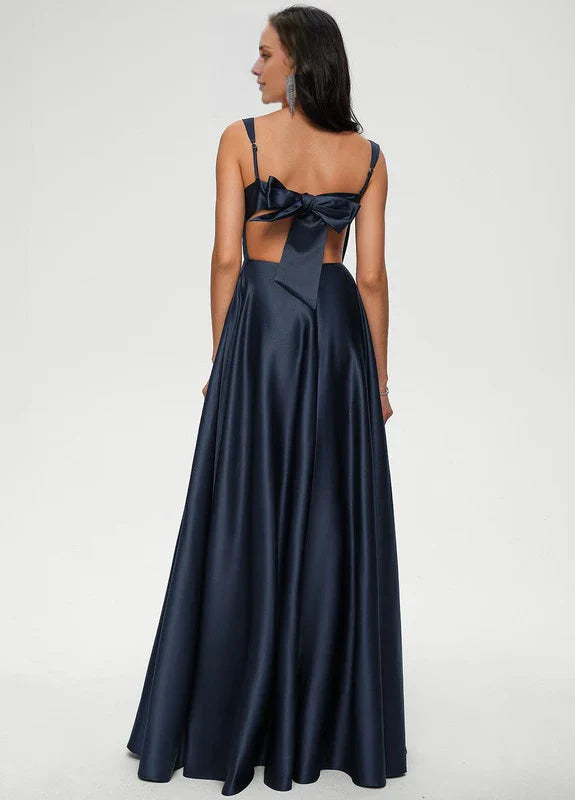 Elegant A-Line Square Neck Satin High-Slit Bow Back Maxi Evening Dress