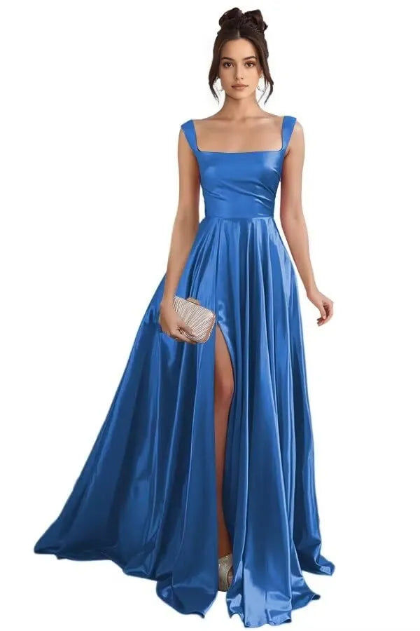 Elegant A-Line Square Neck Sleeveless Lace-Up Back High-Slit Floor-Length Evening Dress