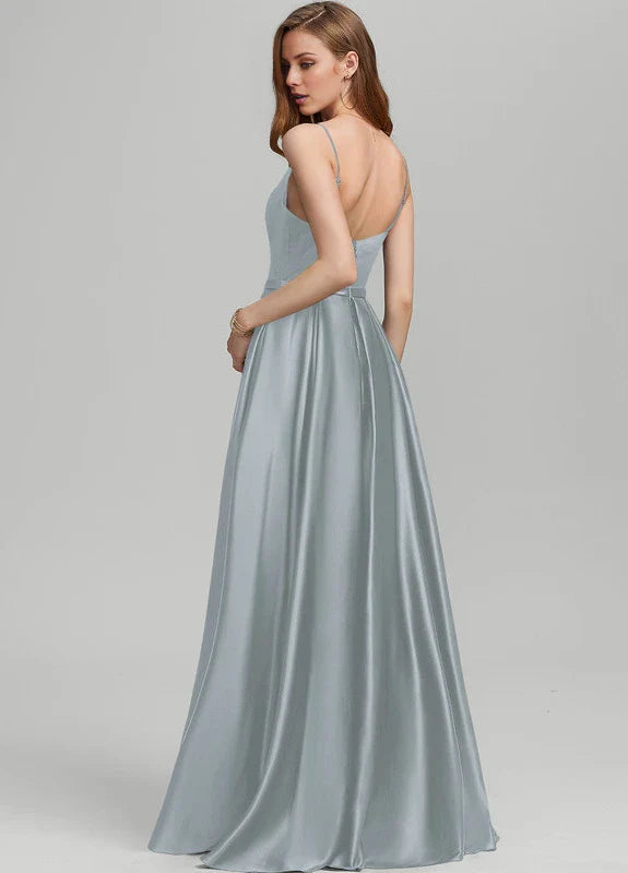 Elegant A-Line Square Neck Spaghetti Strap Satin High-Slit Maxi Evening Dress with Pockets