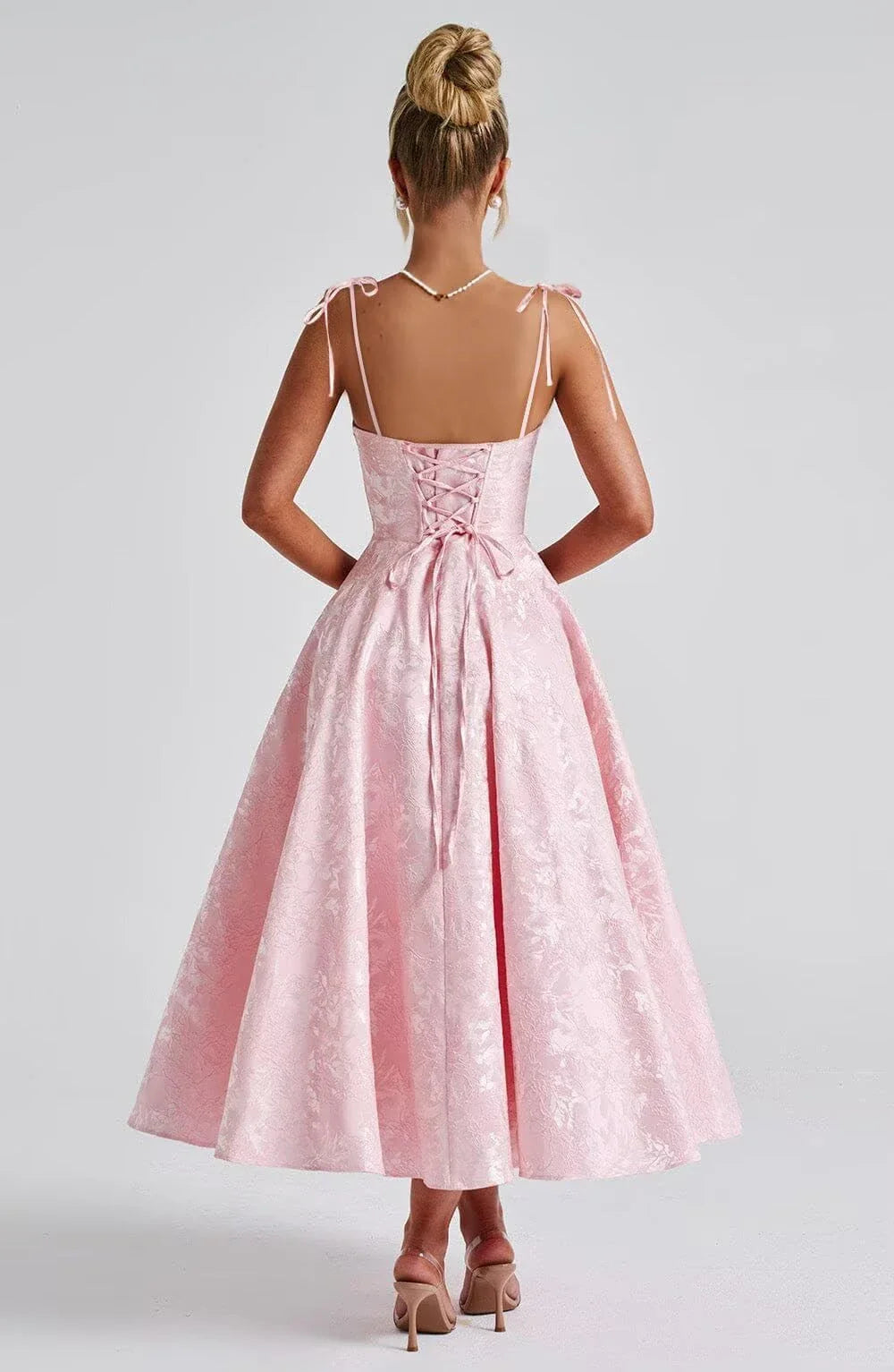 Elegant A-Line Square Neck Tie-Shoulder Lace-Up Back Jacquard Midi-Length Evening Dress