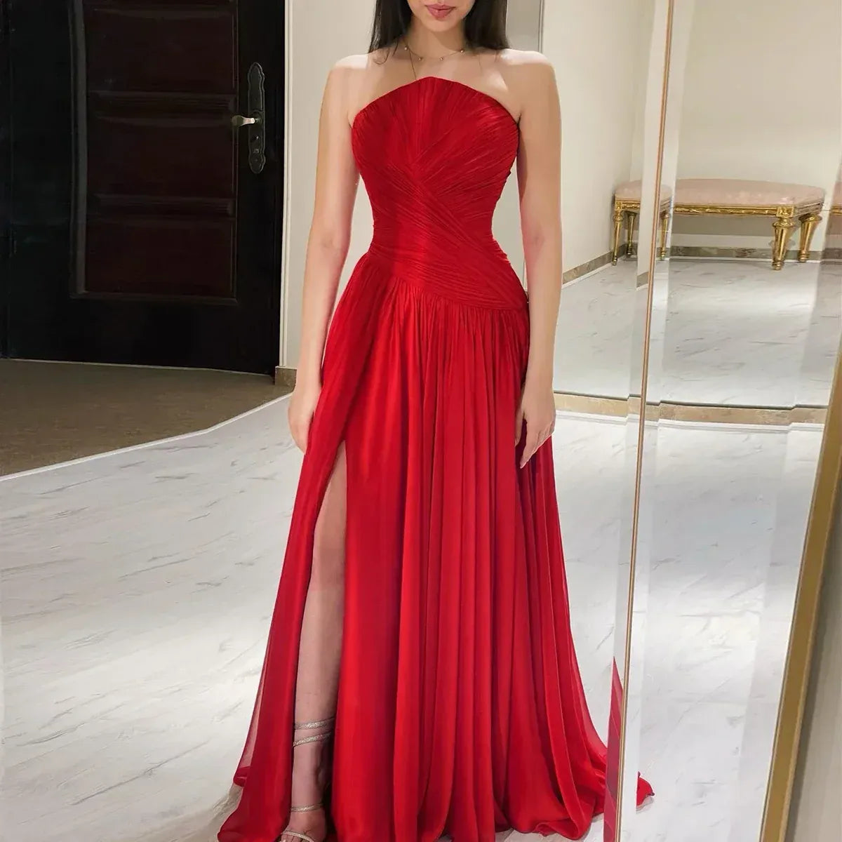 Elegant A-Line Strapless Sleeveless Ruched Chiffon Evening Dress