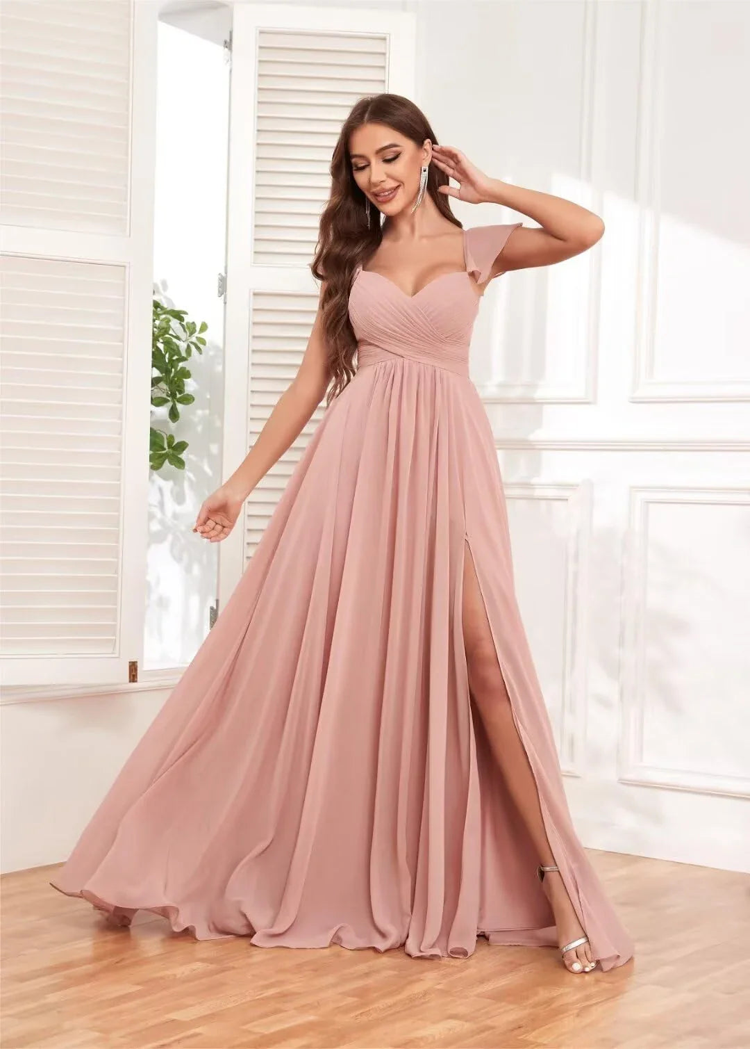 Elegant A-Line Sweetheart Ruffle Sleeve Lace-Up Back High-Slit Maxi Evening Dress