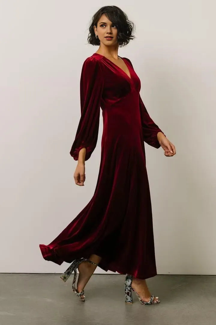 Elegant A-Line V-Neck Bishop Sleeve Maxi Evening Dress