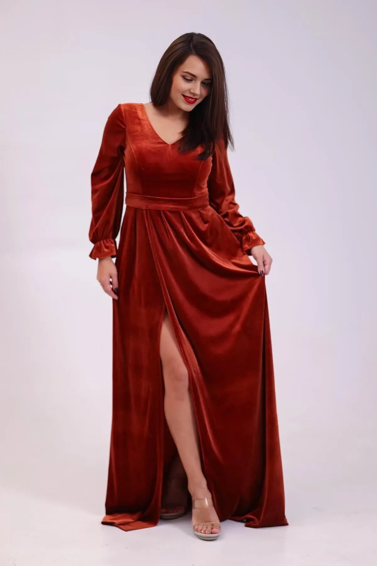 Elegant A-Line V-Neck Bishop Sleeve Maxi Evening Dress