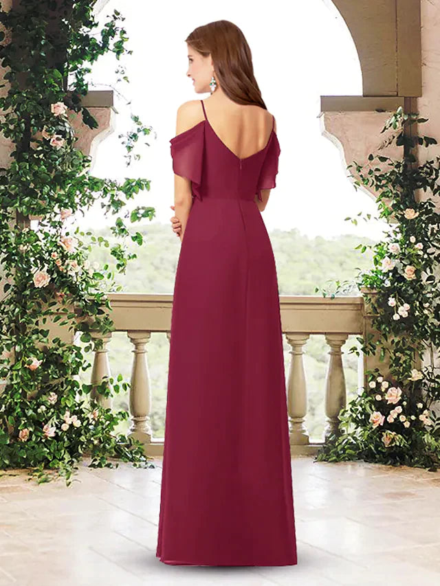 Side view of an A-line V-neck chiffon bridesmaid dress, showing the flowing fabric.