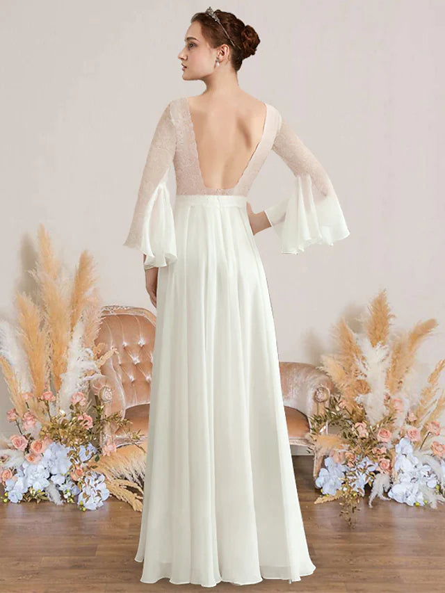 Side view of A-Line V-neck long sleeve bridal gown with intricate lace details.