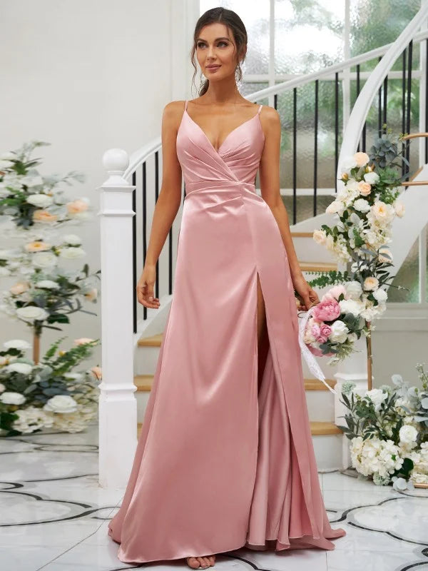 Front view of the elegant pink A-line V-neck bridesmaid dress.