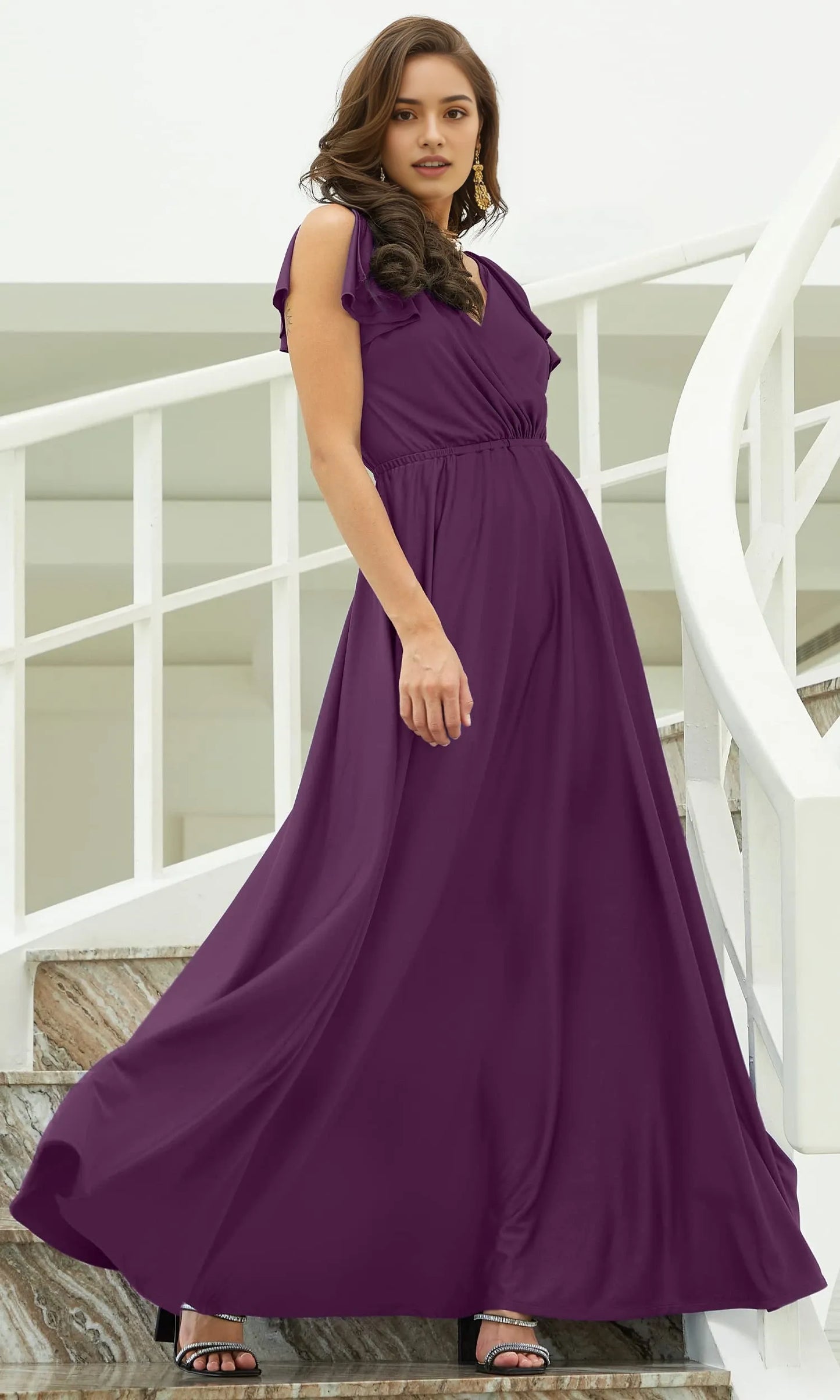 Elegant A-Line V-Neck Ruffle Sleeve Elastic Back Maxi Bridesmaid Dresses