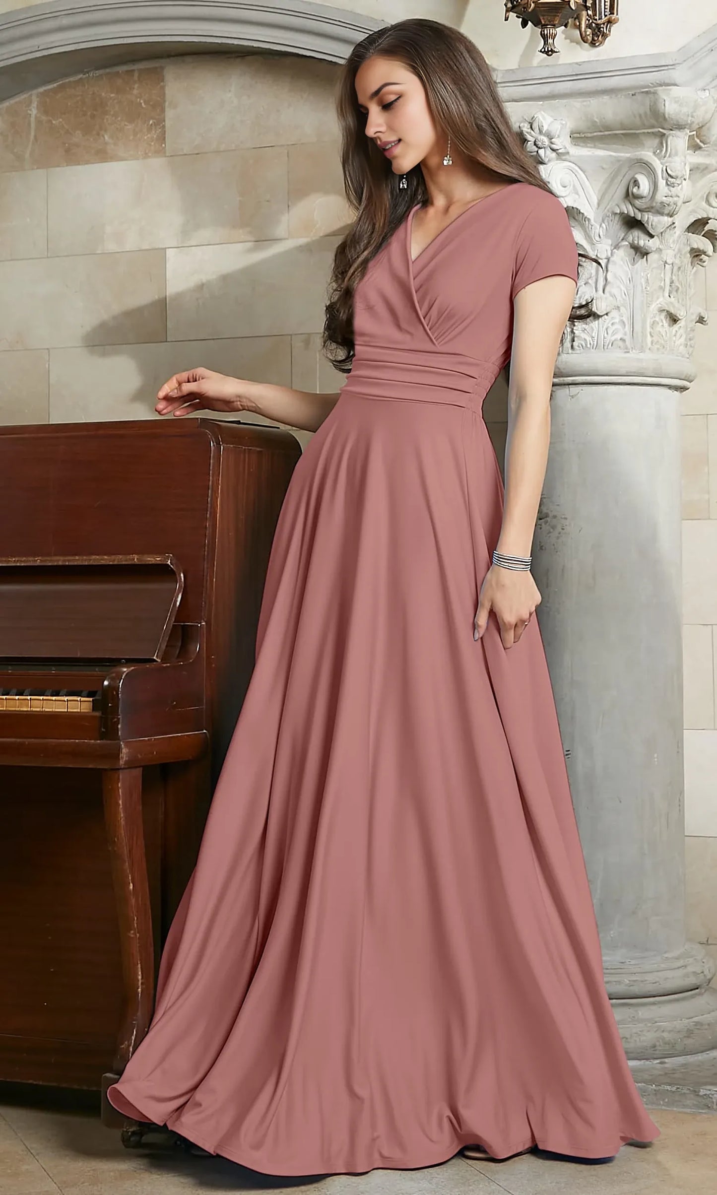 Elegant A - Line V - Neck Short Sleeve Elastic - Back Floor - Length Evening Dress