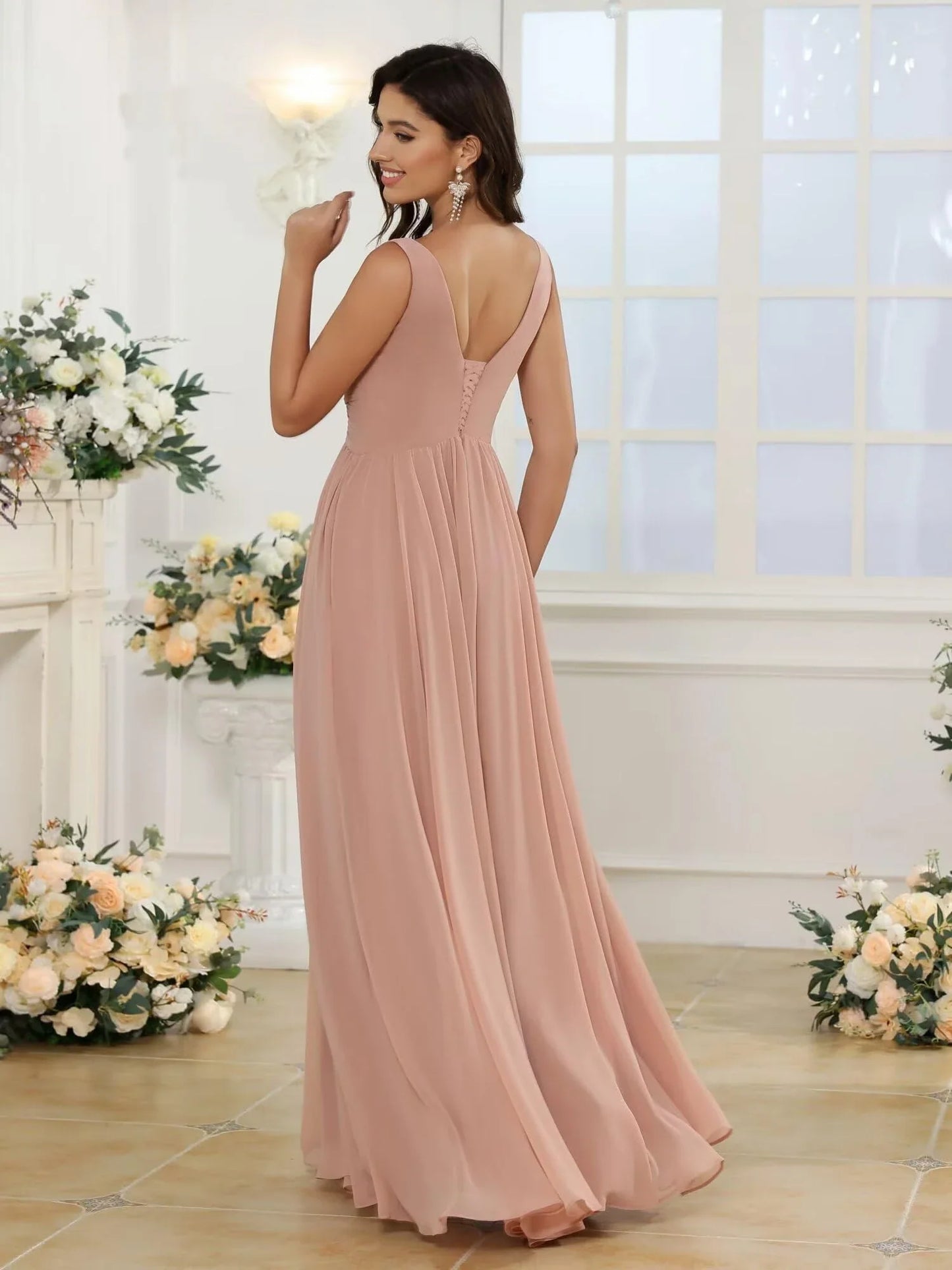 Elegant A-Line V-Neck Sleeveless Lace-Up-Back High-Slit Maxi Evening Dress