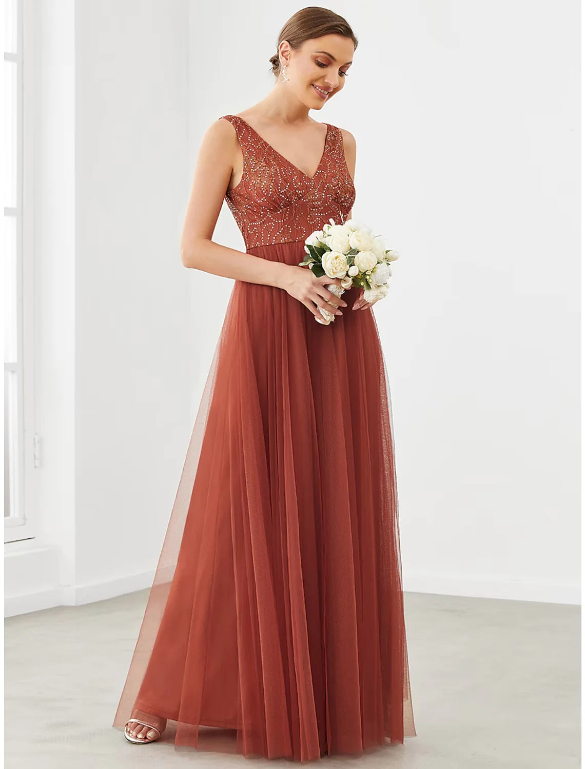 Side view of the A-Line V-Neck tulle dress, highlighting the draping and splicing.