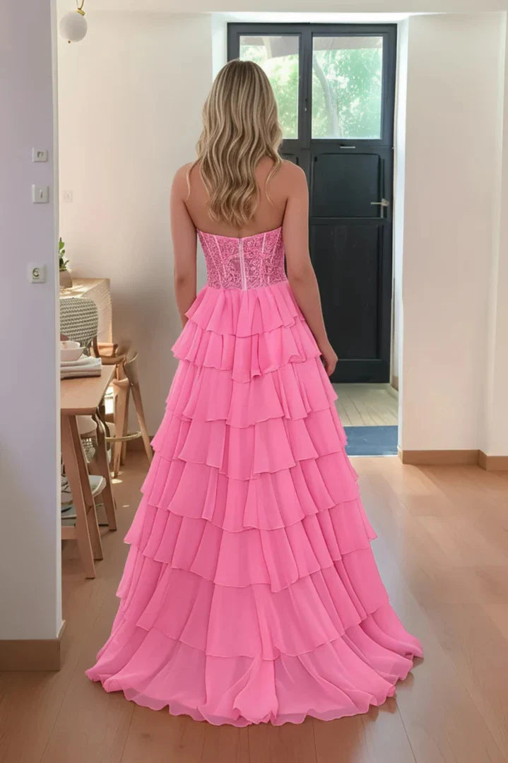 Elegant Ball Gown Strapless Lace-Corset Tiered-Ruffle High-Slit Zip-Back Maxi Evening Dress