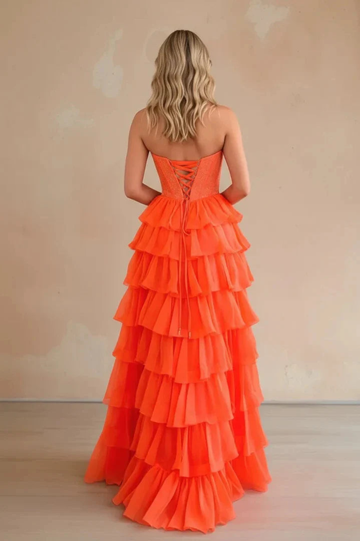 Elegant Ball Gown Strapless Sequin-Corset Tiered-Ruffle Crisscross-Lace-Up-Back Maxi Evening Dress