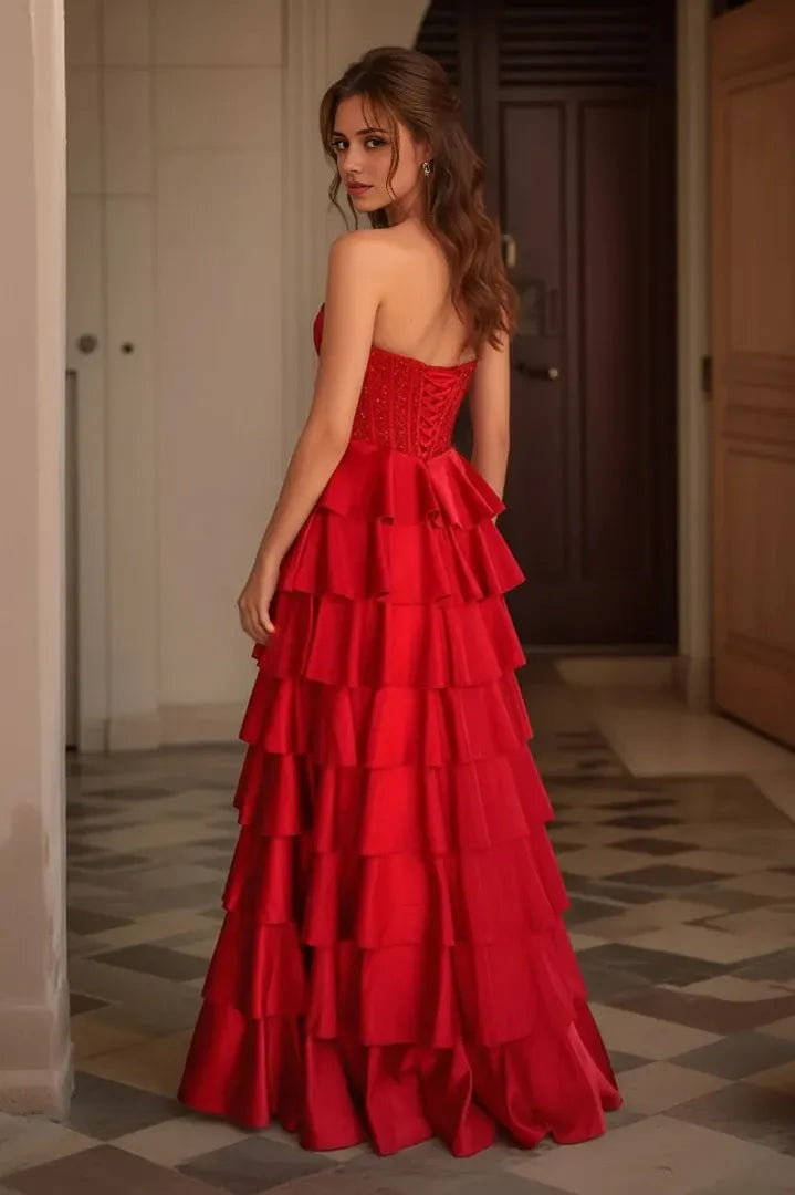 Elegant Ball Gown Sweetheart-Neck Sequin-Corset Tiered-Ruffle High-Slit Crisscross-Lace-Up-Back Maxi Evening Dress