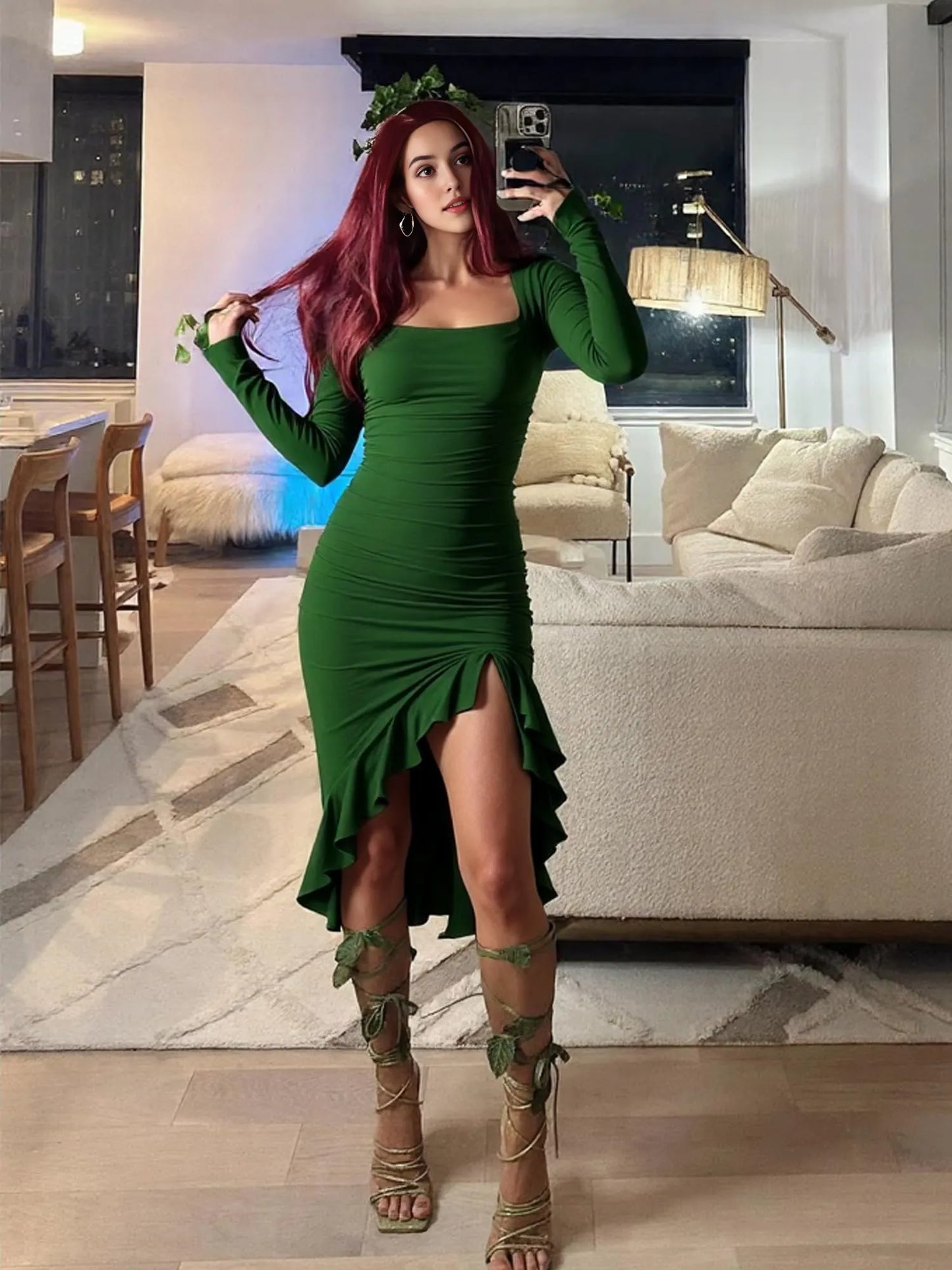 Elegant Bodycon Square Neck Long Sleeve Zip-Back Ruffle Slit Midi Party Dress