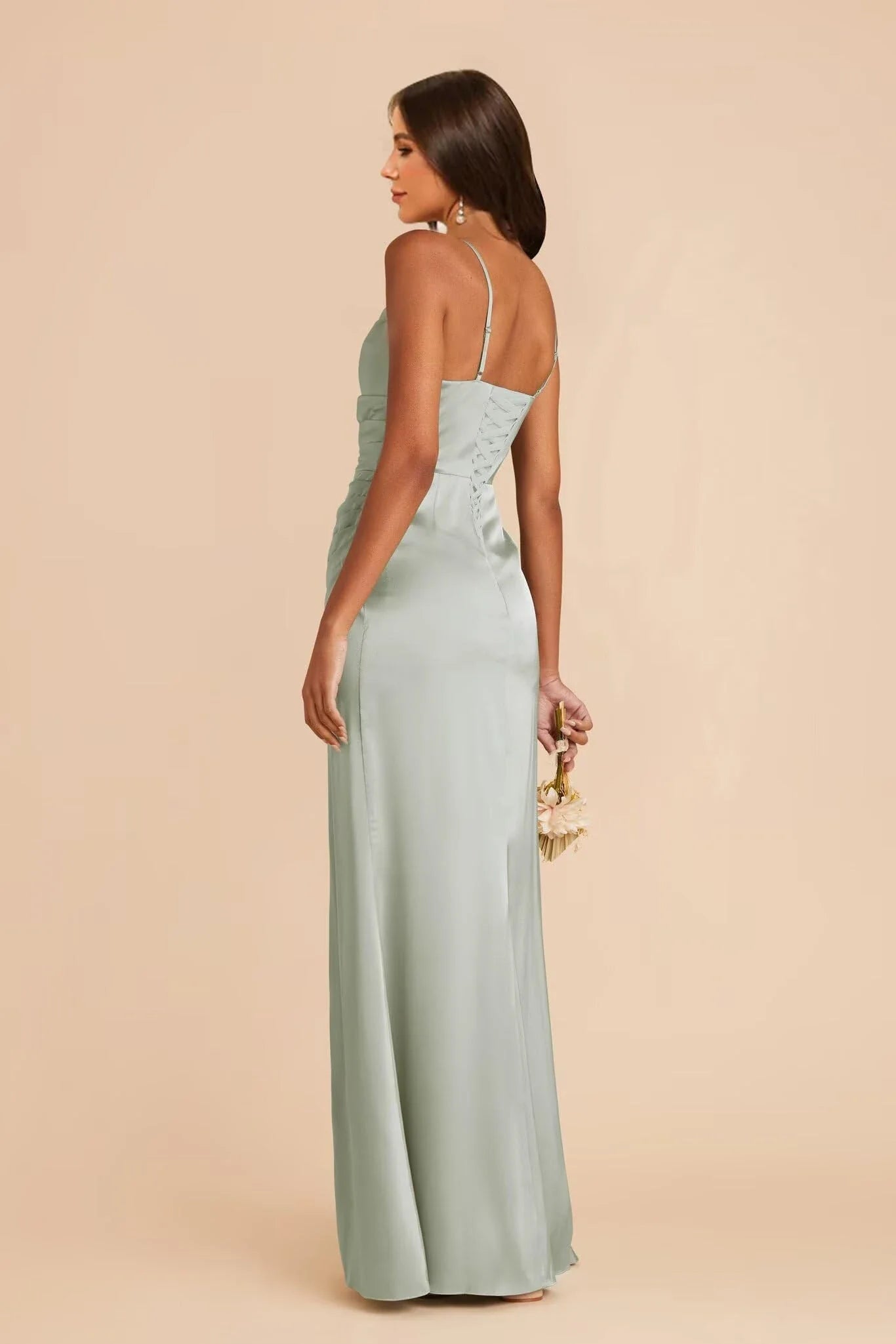 Elegant Cowl Neck Spaghetti Strap Lace-Up Back High-Slit Maxi Bridesmaid Dress