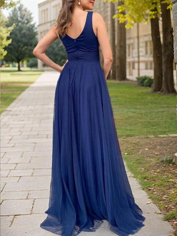 Elegant Deep V-Neck Sleeveless Ruched Waist Tulle Maxi Mother Of The Bride Dresses