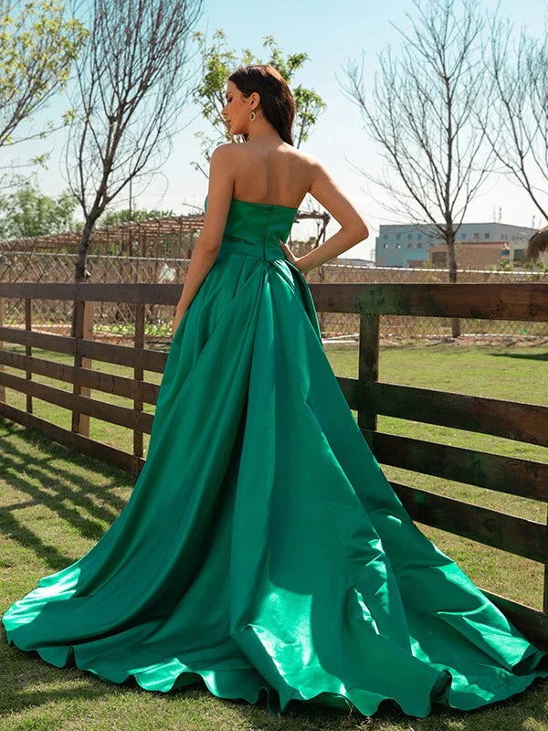 Elegant Emerald Green Satin Deep V-Neck High-Slit A-Line Floor-Length Evening Dress