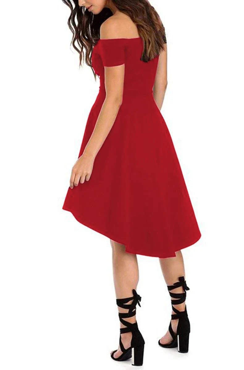 Elegant Fit & Flare Off-Shoulder Short-Sleeve Asymmetric-Hem Midi Dress
