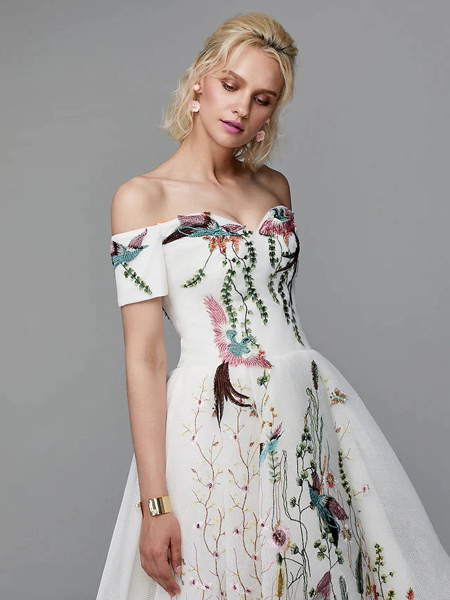 Close-up of floral embroidery and off-shoulder detail on the light blue ball gown.