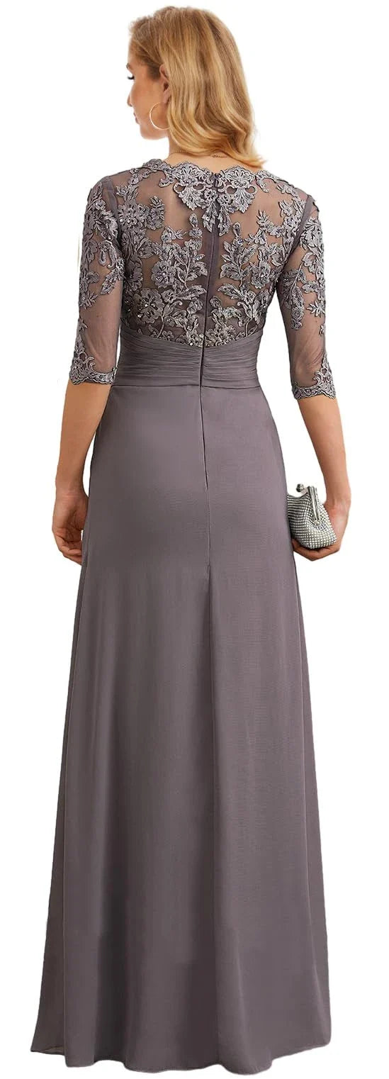 Elegant Lace 3/4 Sleeve Ruched Bodice Maxi Evening Dress