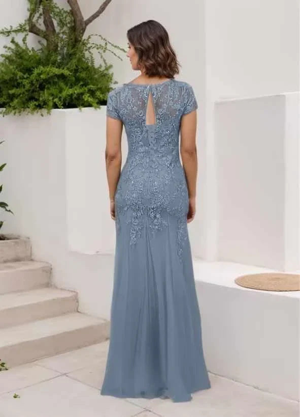 Elegant Lace Appliqu¨¦ Short-Sleeve Keyhole Back Maxi Evening Dress