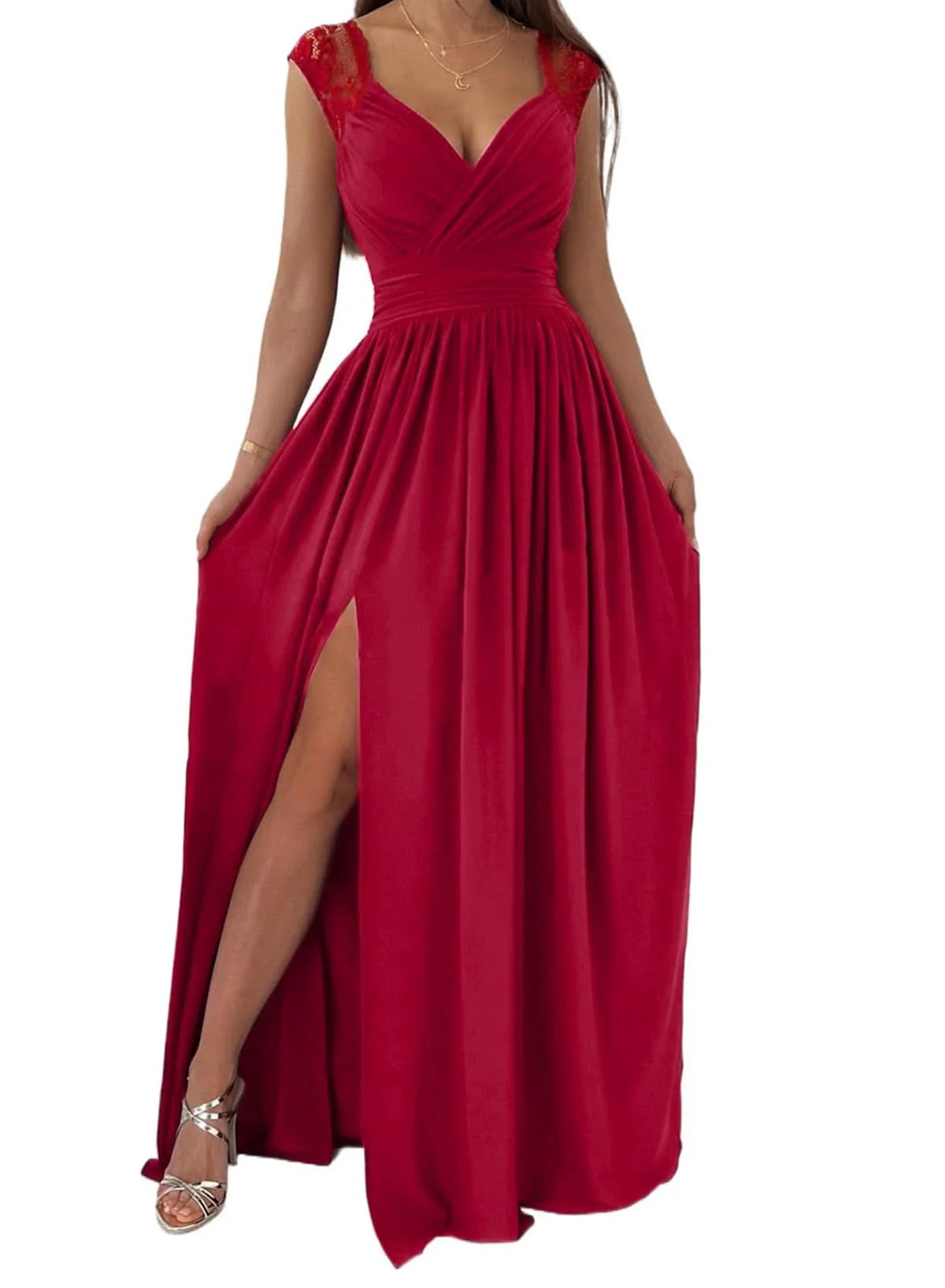 Elegant Lace-Trimmed Deep V-Neck High-Slit Floor-Length Evening Dress